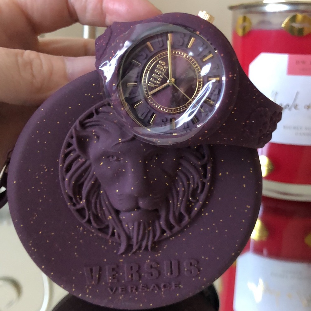 NEW Versus Versace Glitter Silicone Watch 50MM Stainless Steel Purple Gold